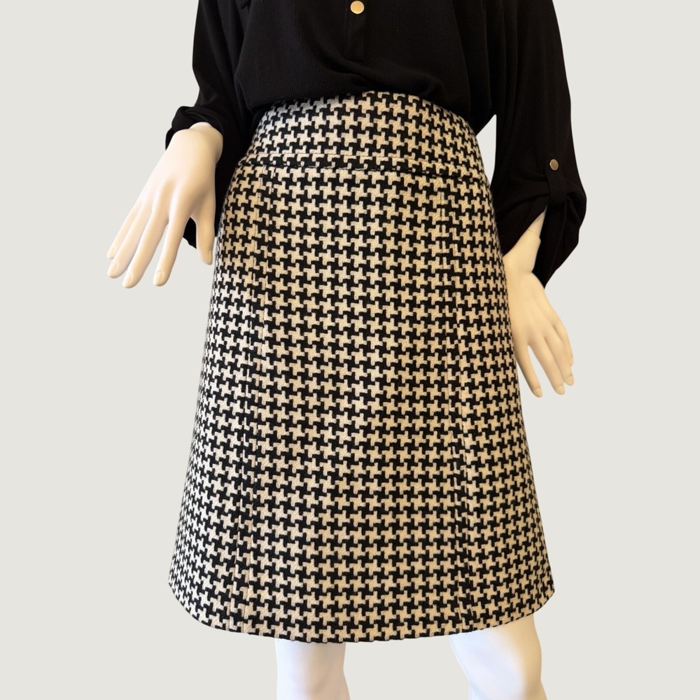 DKNY Black White Houndstooth 100% Wool Tweed A-Line High Rise Knee Skirt Size 4